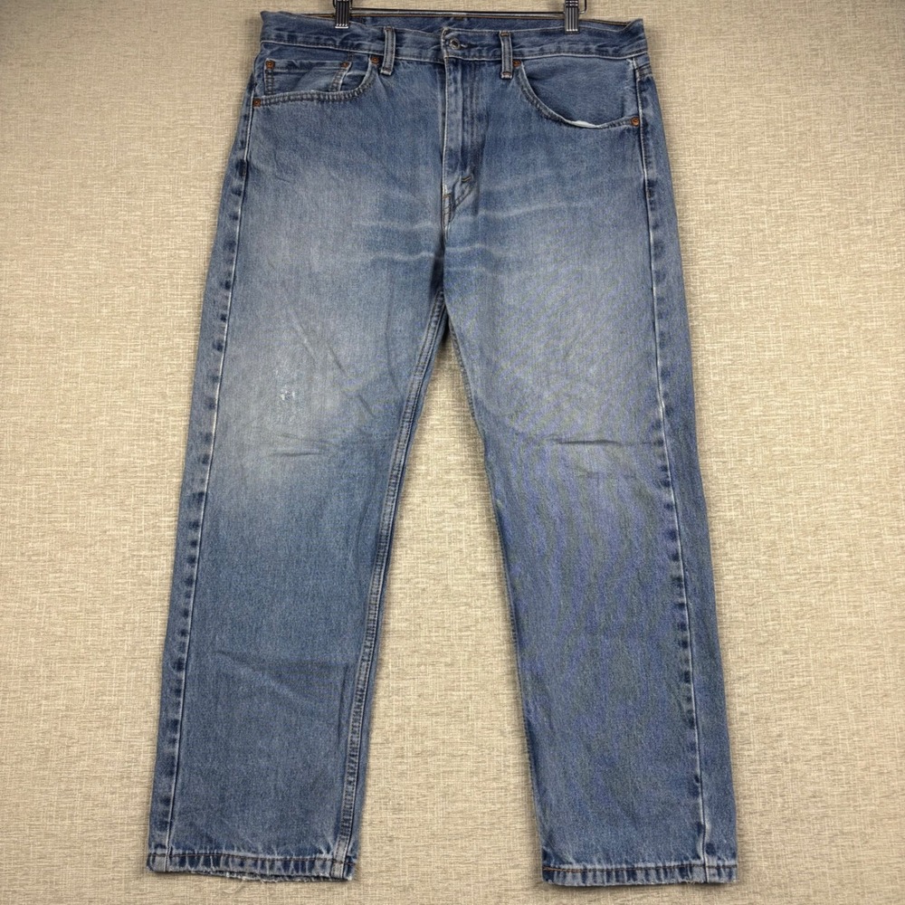 Levis 505 Mens 36x29 Jeans Medium Light Blue Washed Denim High Waisted Fading